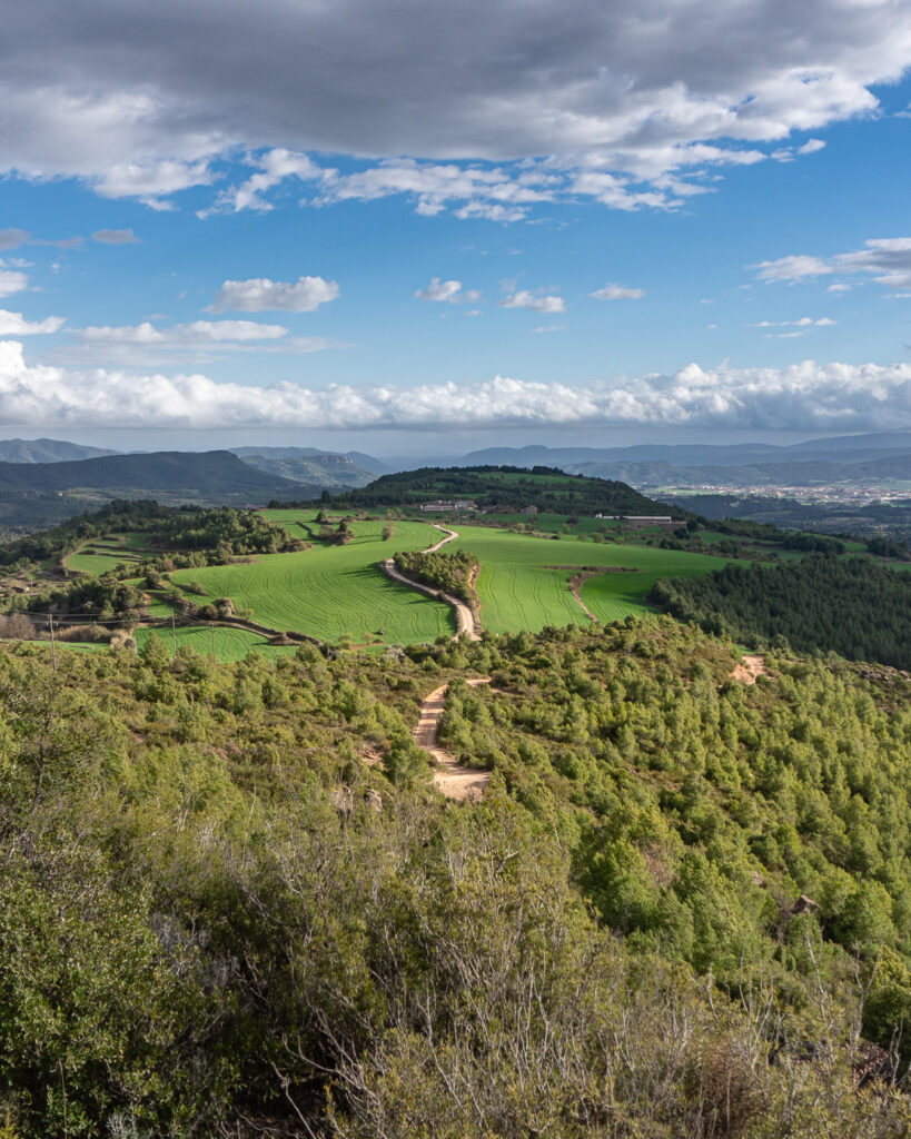 Mozaika pól, lasów i przecinające je drogi w pobliżu Serra de Rubió.